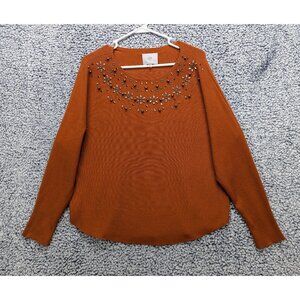 Liv Milano Metallic Floral Rhinestone Sweater Size L Knit Pullover Preppy Orange